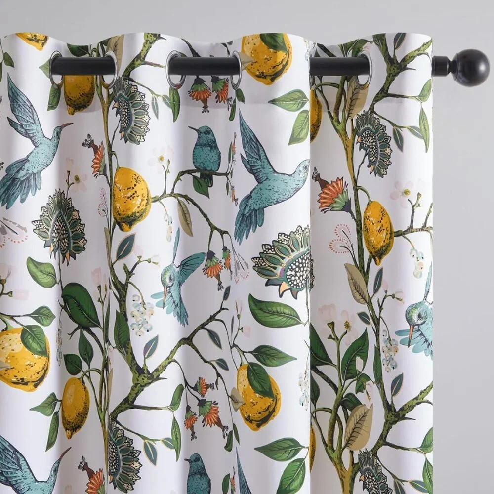 Floral Lemon Hummingbird Curtains Patterned Waverly Mid-Century Style